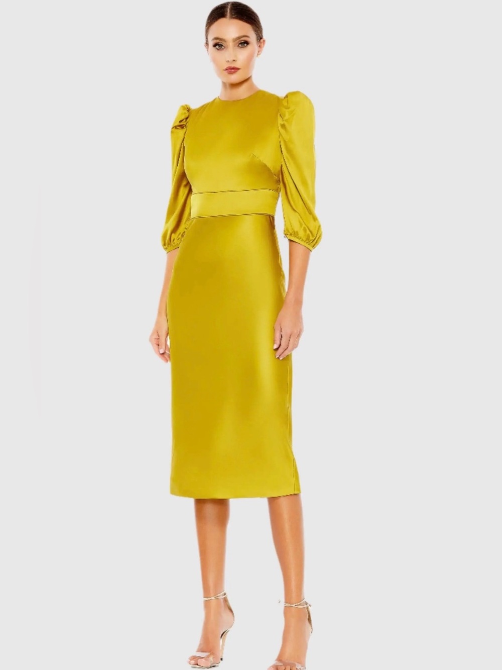 Mac Duggal Mustard Satin Midi Dress with Puff Three-Quarter Sleeves